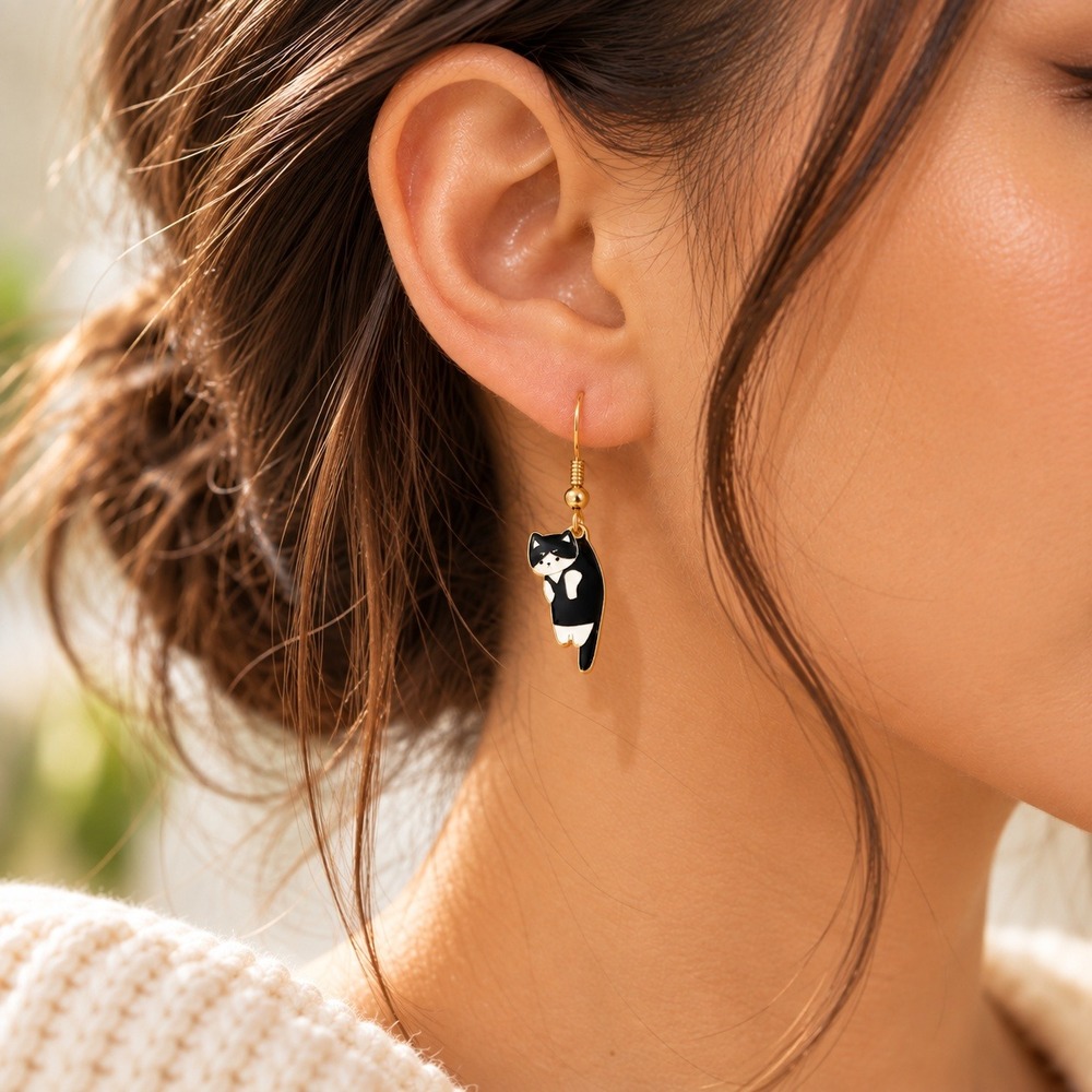 Black White Tuxedo Cat Enamel Dangle Earrings Gold Tone Fishhook Novelty Jewelry